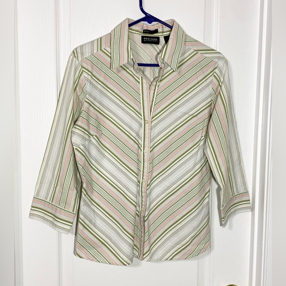 Y2K NY&CO City Stretch Pastel Diagonal Stripe Shirt Vintage Large